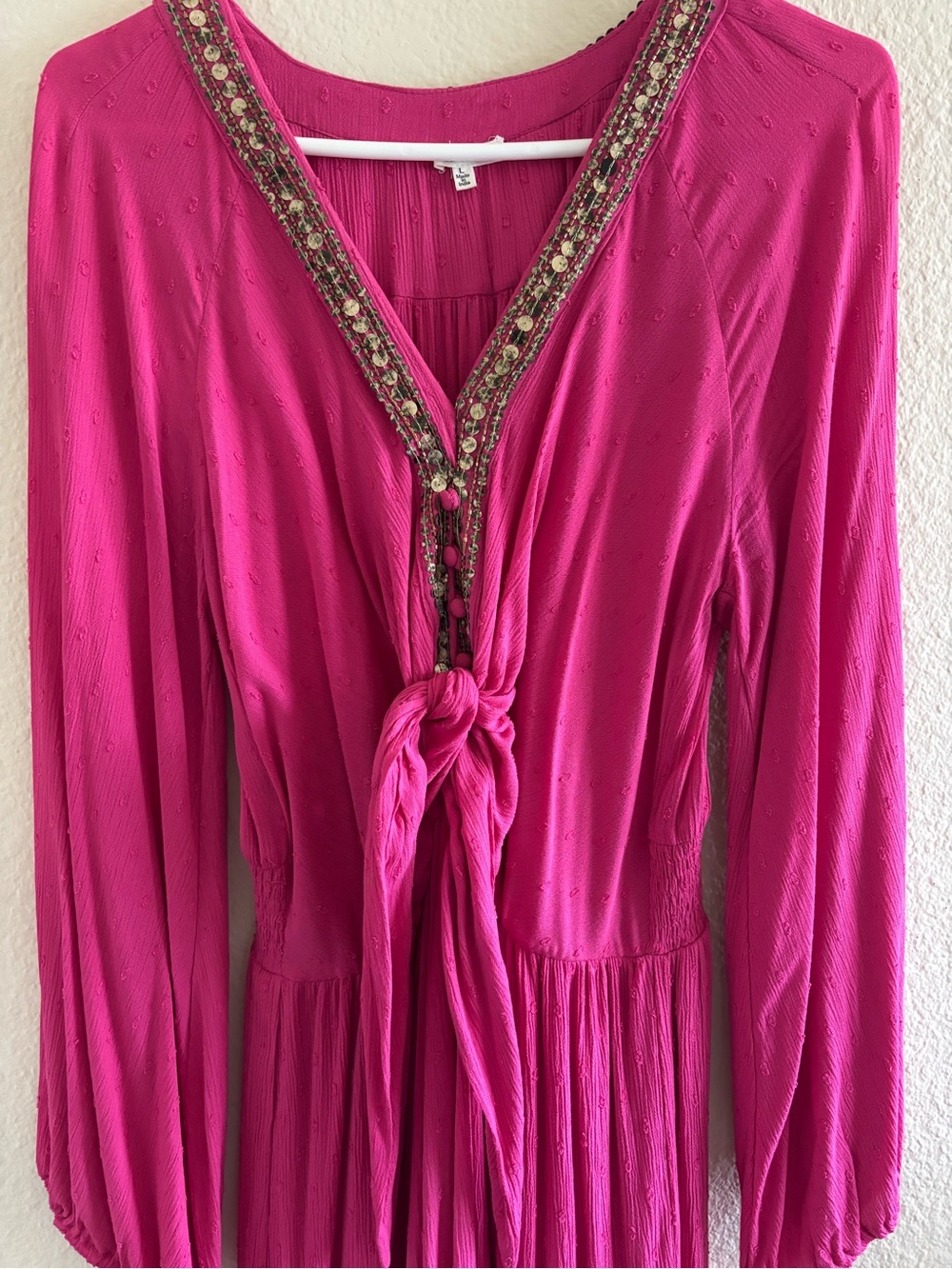 Fuchsia Long-Sleeve V‑Neck Tie‑Front Maxi Dress